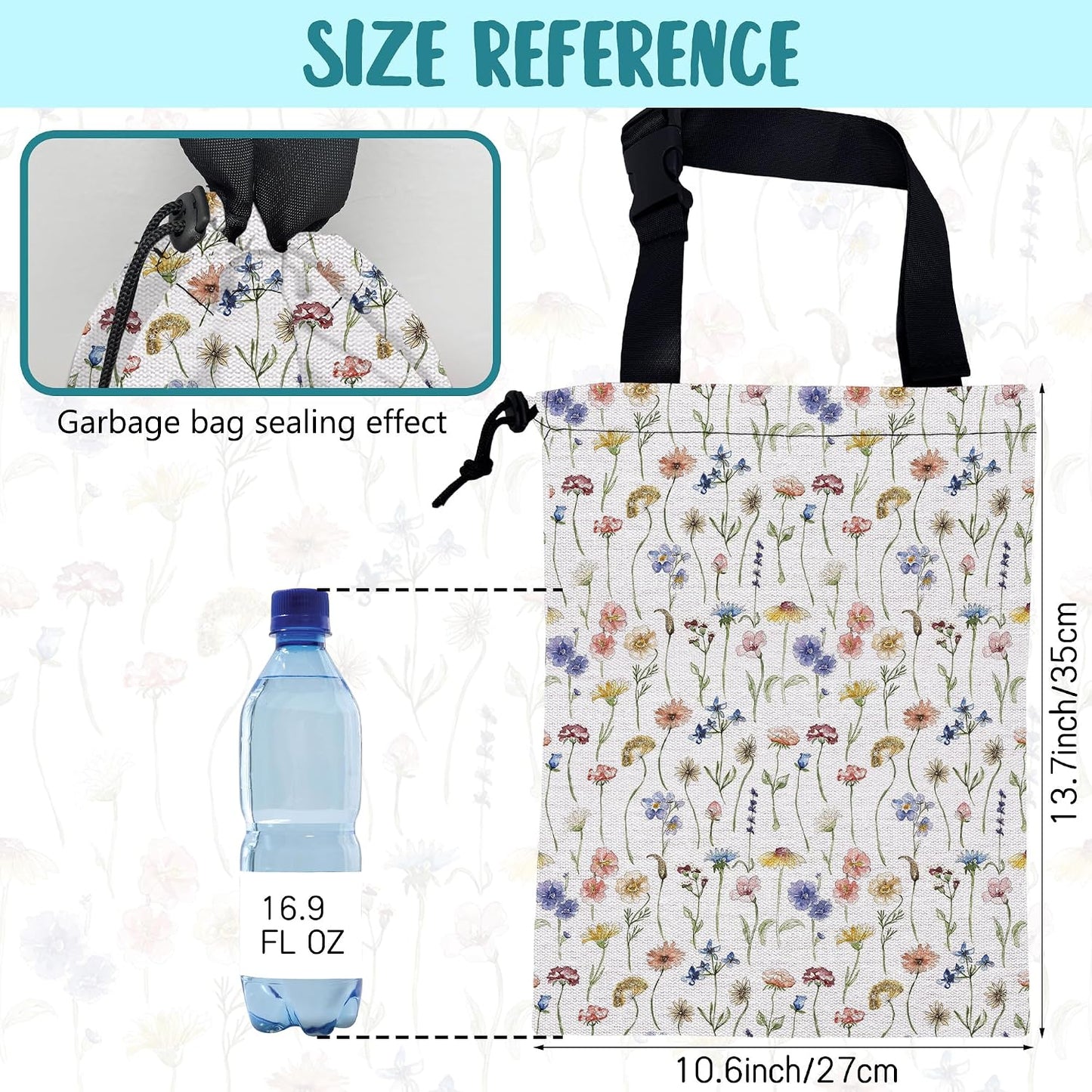Car Garbage Bag Watercolor Wildflowers Drawstring Car Trash Bag Hanging for Back Seat with Adjustable Buckle Canvas Vehicle Trash Can Easy-to-Install