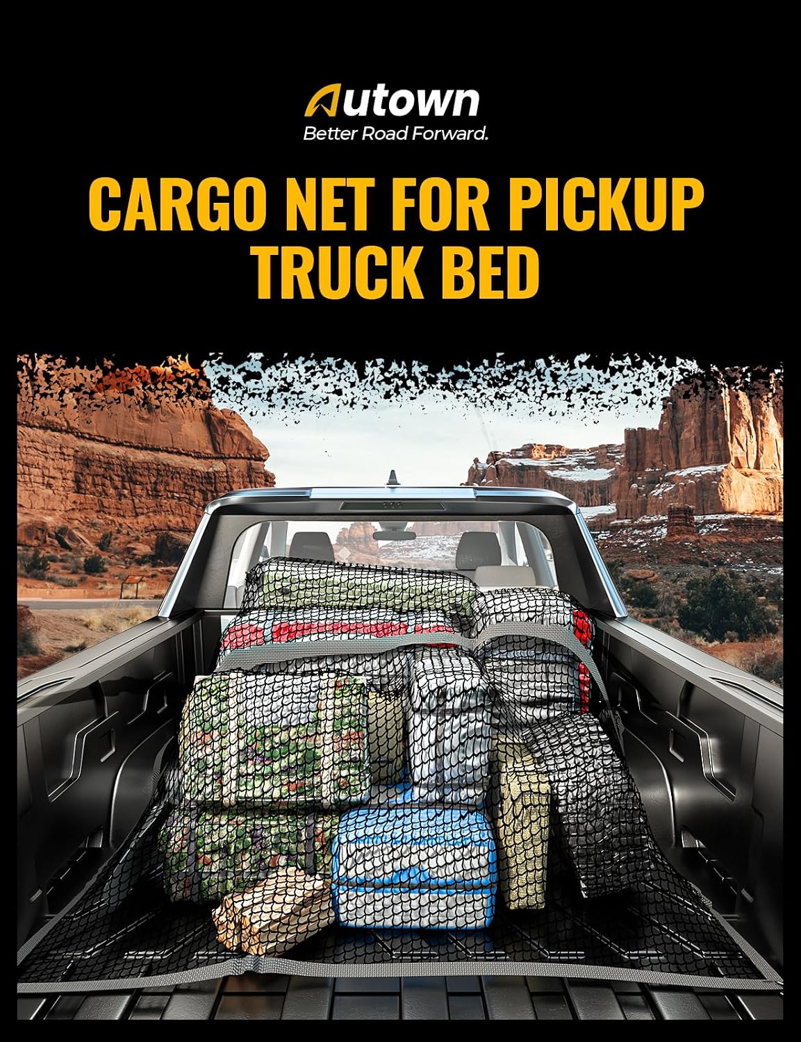 AUTOWN Cargo Net for Pickup Truck Bed with 8 Metal Carabiners & Storage Bag