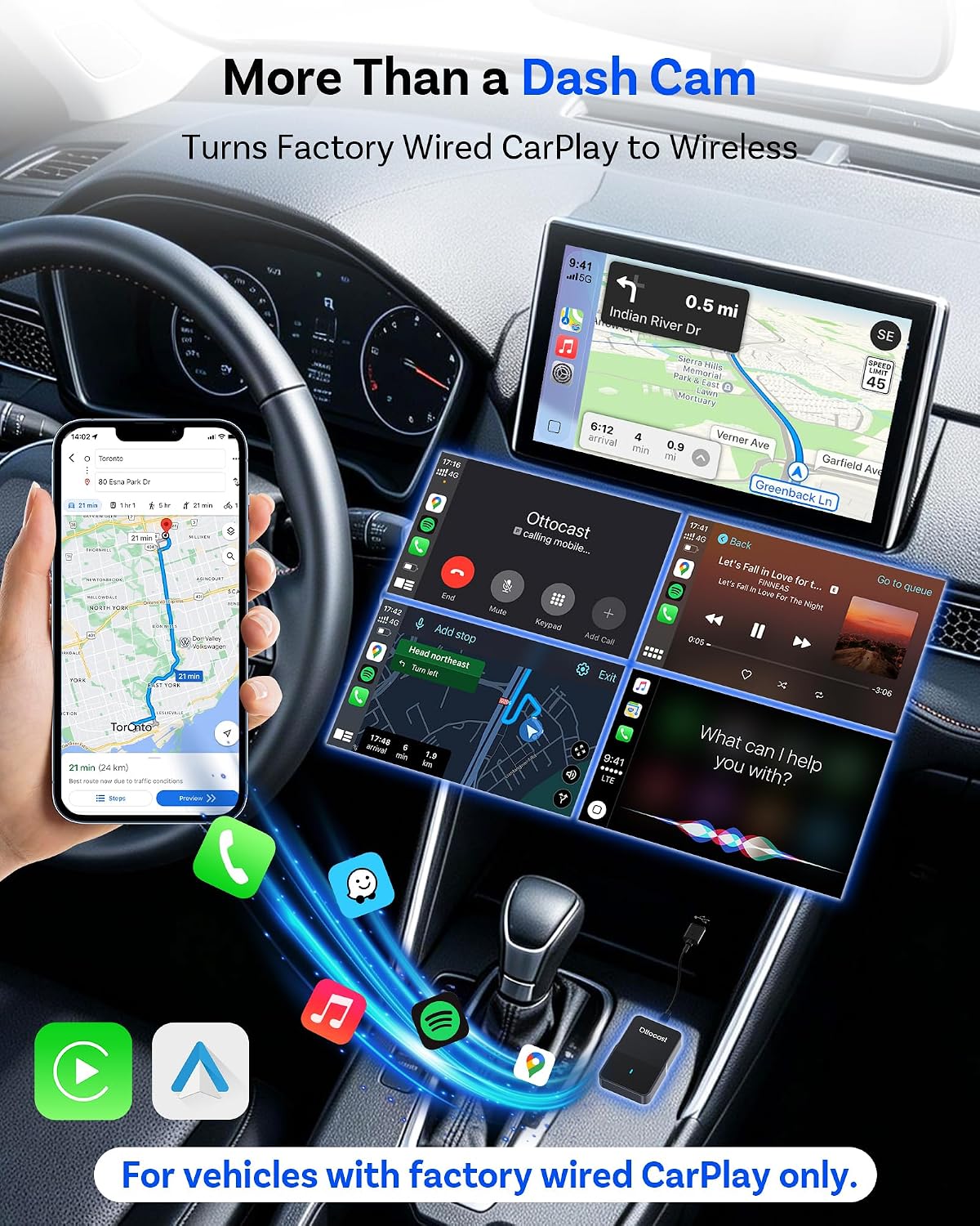 OTTOCAST Dash Camera for Cars, Wireless CarPlay, Factory Screen Playback