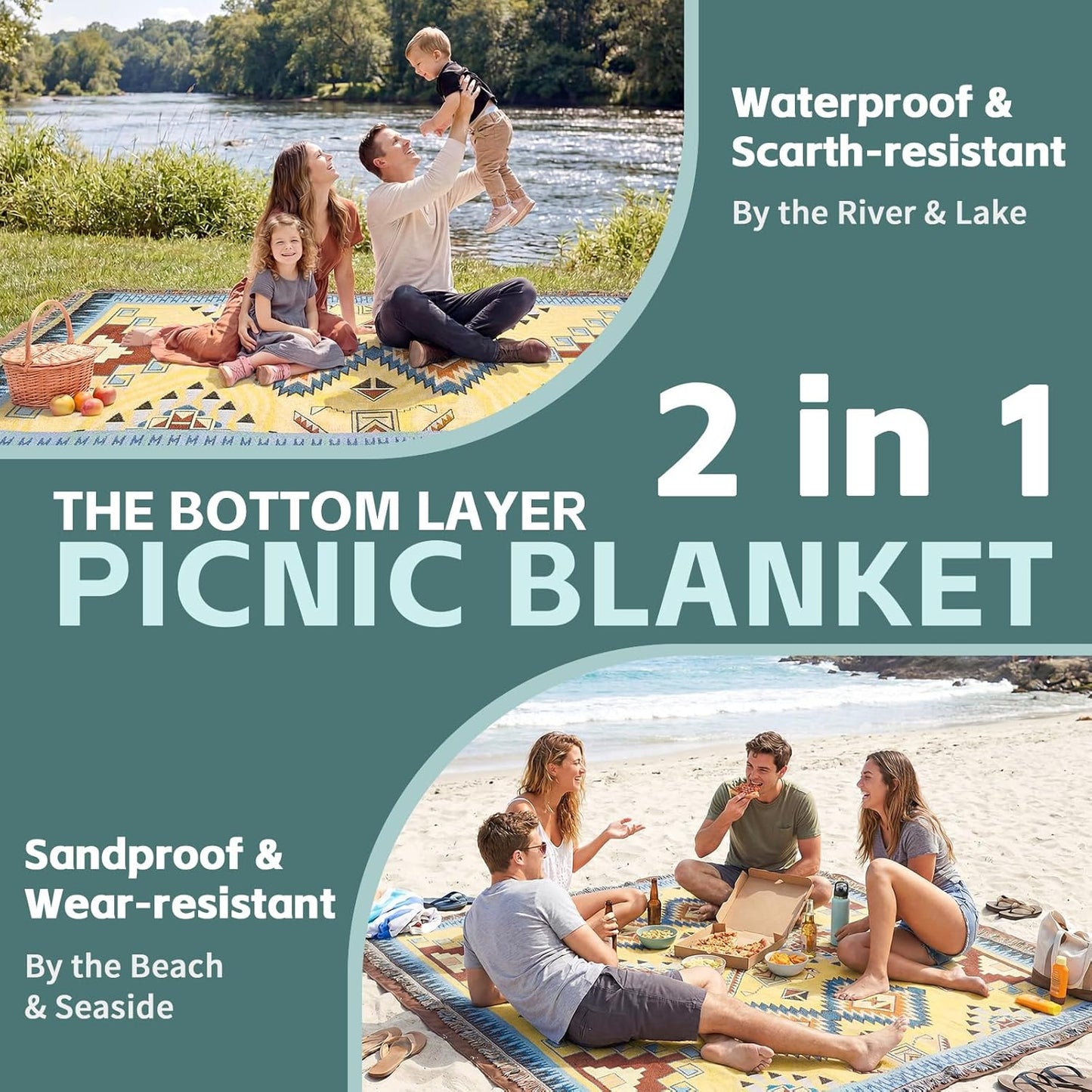 RYCHIC 2 in 1 Extra Large Camping Blanket Outdoor Rug Picnic Yoga Mat Lightweight Car Essential Roadtrip Gadget Rv Accessories Glamping Gear Must Haves Hiking Backpacking Necessities Women Beach Gift