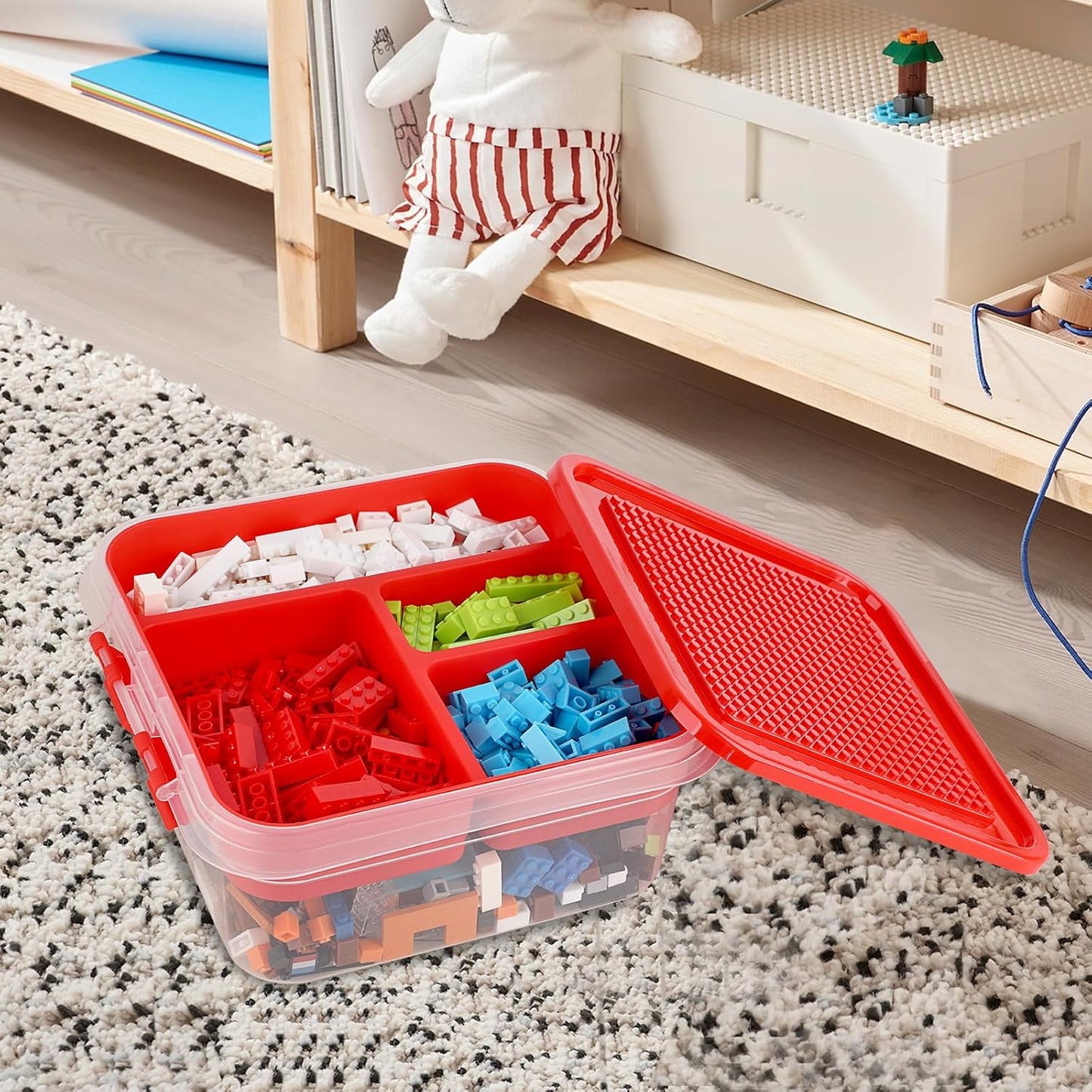 Plastic Storage Container with Bricks Baseplate Lid for Building Blocks, Bricks Building Set Organization Bin with Compartments Tray, Stackable Storage Box Building Block Chest Case (Red)