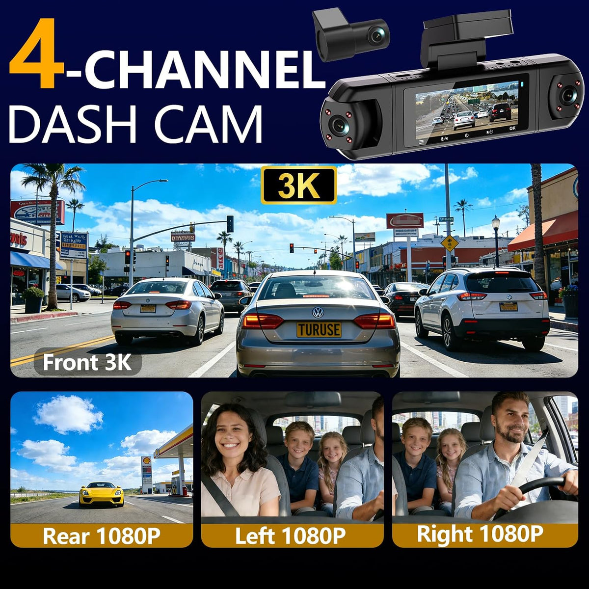 M998-3K Dash Camera for Cars,360° View 3K Front +Rear&Left & Right 1080P x3, 4 Channel Dash Cam, Voice Control,WiFi & APP Control,8 IR Lamps Night Vision,Free 64GB SD Card,G-Sensor,Parking Mode