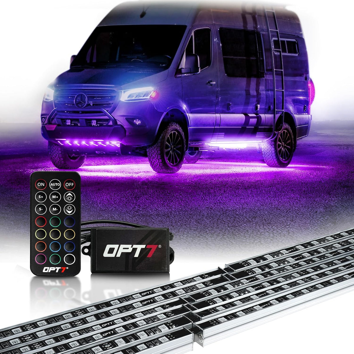 OPT7 Aura RGB Aluminum RV LED Underglow Lights with Remote Control, 12V | Waterproof Rigid Light Bars, Multicolor Motorhome Lighting, Camper Exterior Accent Ground Lights, Outdoor Decor Accessories