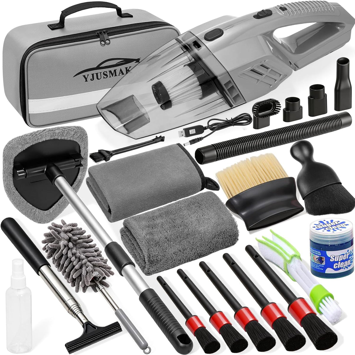 Car Detailing Kit Interior Cleaning - with 8500PA Car Vacuum Portable Cordless, Car Detailing Brush Set, Windshield Tool, Car Wash Kit for Women/Men, Gray