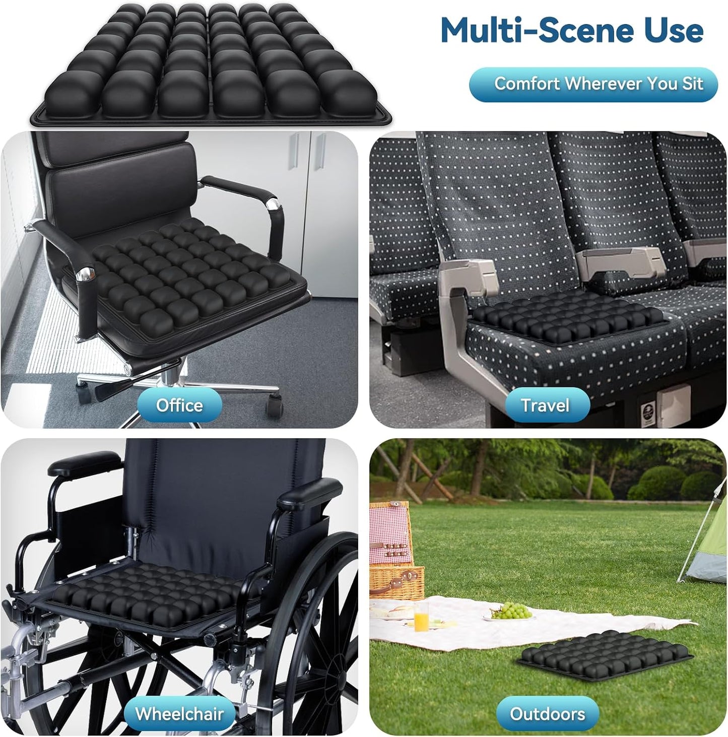 Airplane Seat Cushion for Long Flights, Inflatable Travel Seat Cushion with Built-in Pump, 36 Air Cell Portable Seat Pad, Foldable Non-Slip Cushion for Plane, Office Chair, Car, Stadium (Black)
