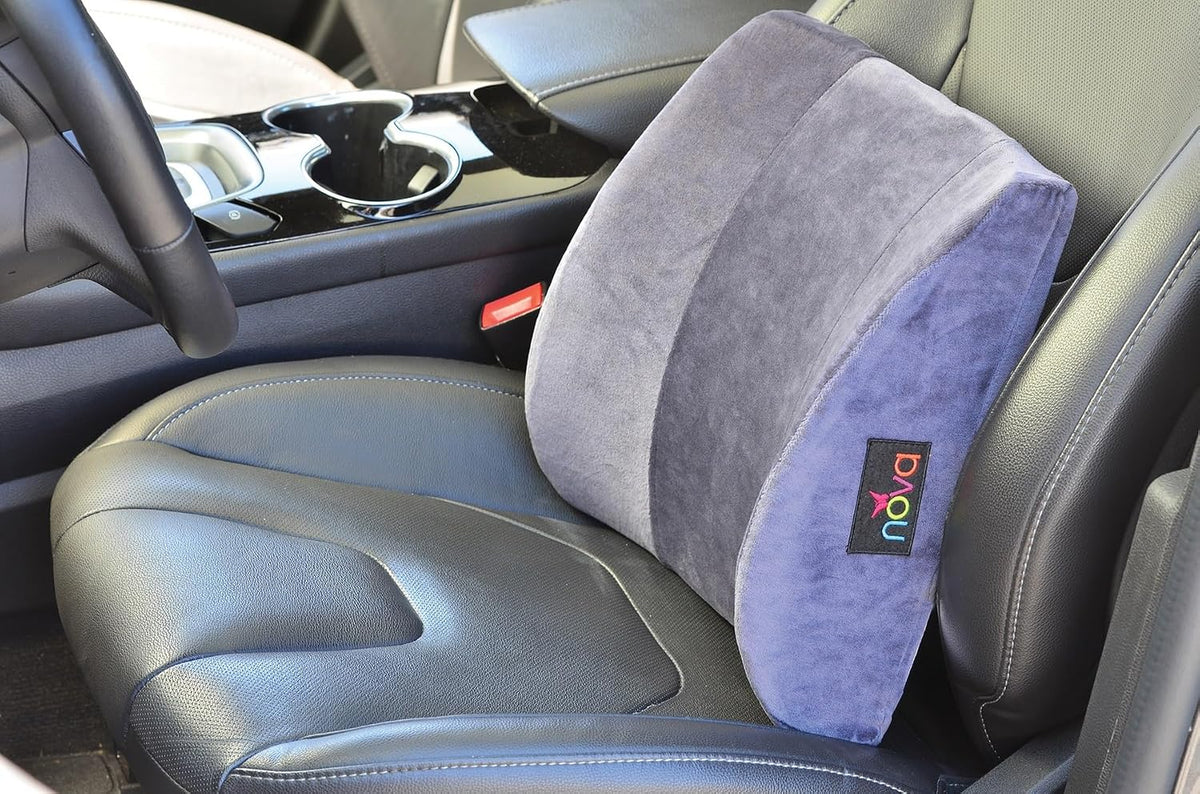 NOVA Lumbar Back Cushion – Contoured High-Density Foam Back Support Pillow for Office Chair, Car, Plane & Wheelchair, Adjustable Strap, Removable Washable Velour Cover, Charcoal Blue (14” x 13”)