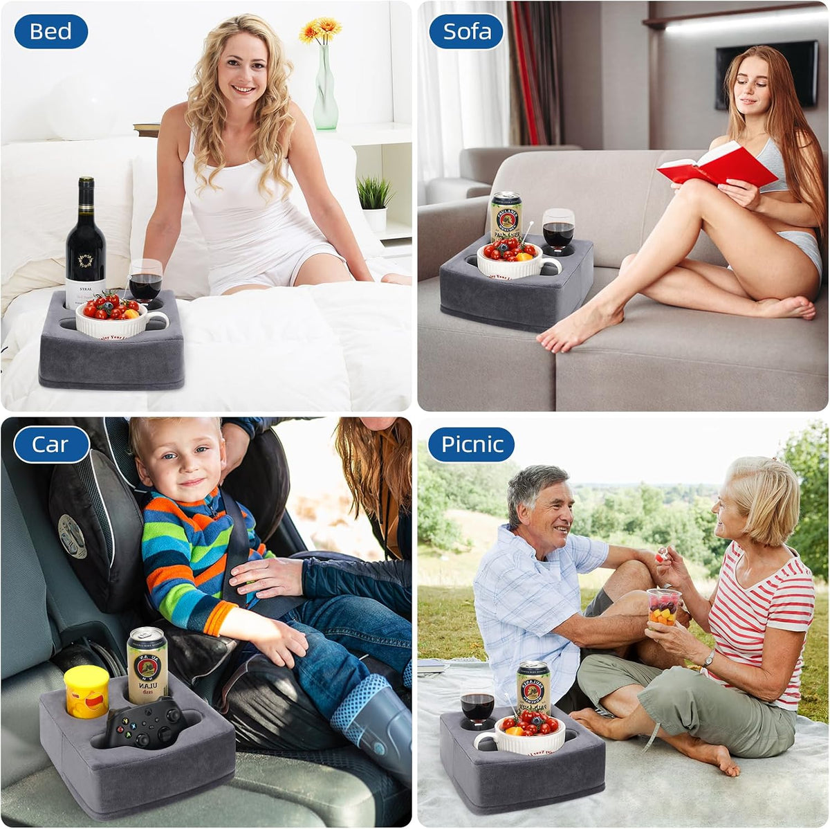 G GOOD GAIN Couch Cup Holder Pillow, Spill-Proof Sofa Drink Cup Holder & Multi-Use Organizer for Sofa, Bed, Car, Beach - Holds Mugs, Phone, Snacks, Remote Control, KeepTemp Design (Grey)