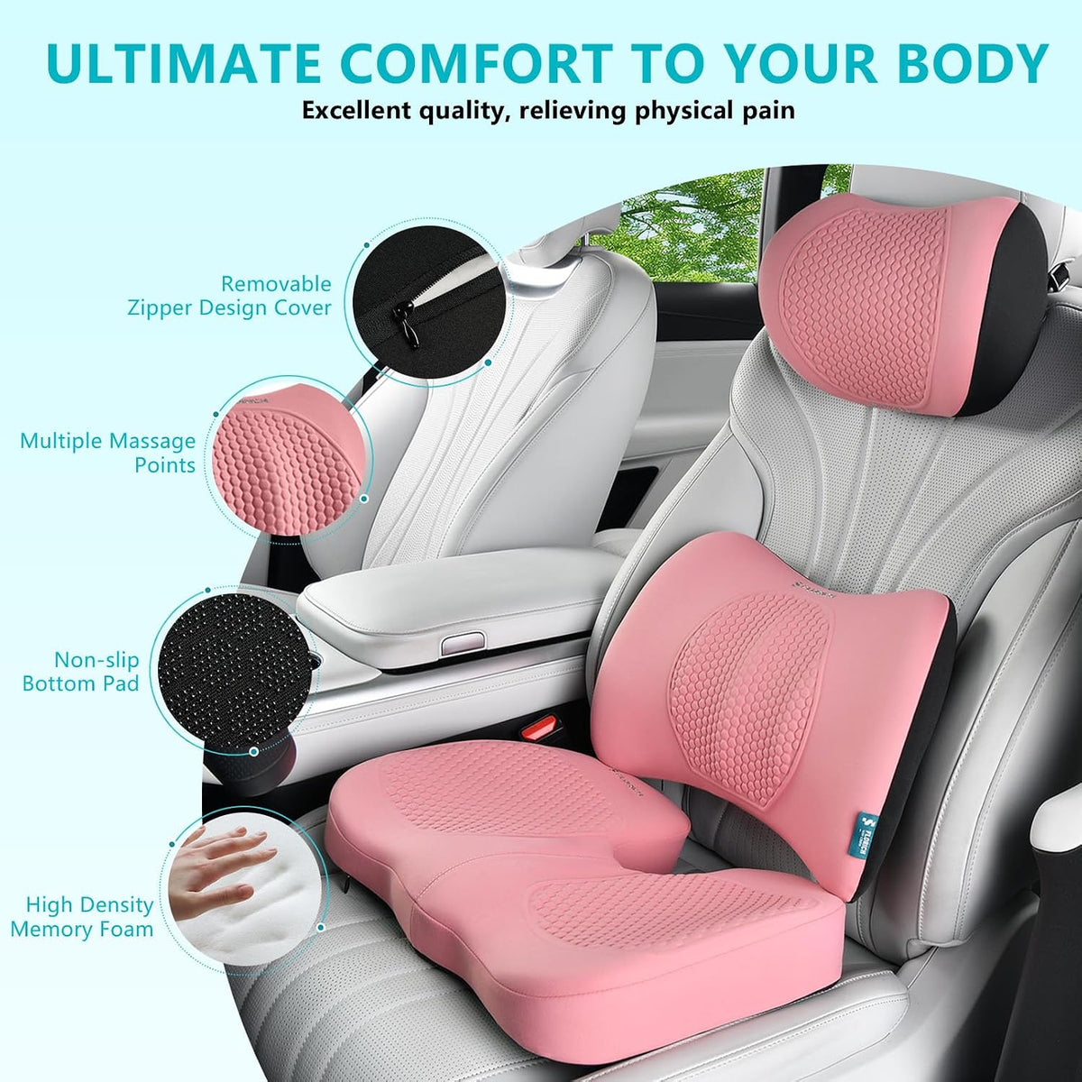 FLORICH 3 PCS Seat Cushion for Carseat Lumbar Support Pillow Car Neck Headrest Pillow 100% Memory Foam Seat Pads Pressure Relief Back Cushion for Office Chair(Light Pink)
