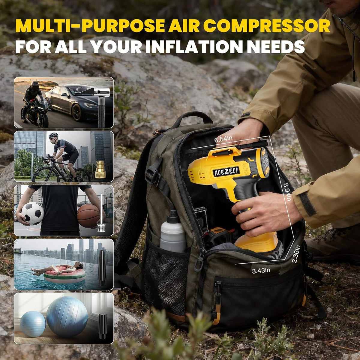 Cordless Tire Inflator Portable Air Compressor Compatible with Dewalt 20V Battery, 160PSI Electric Air Pump with 12V Car Power Cable Dual Mode and Digital Pressure Gauge LED Light for Car and Balls