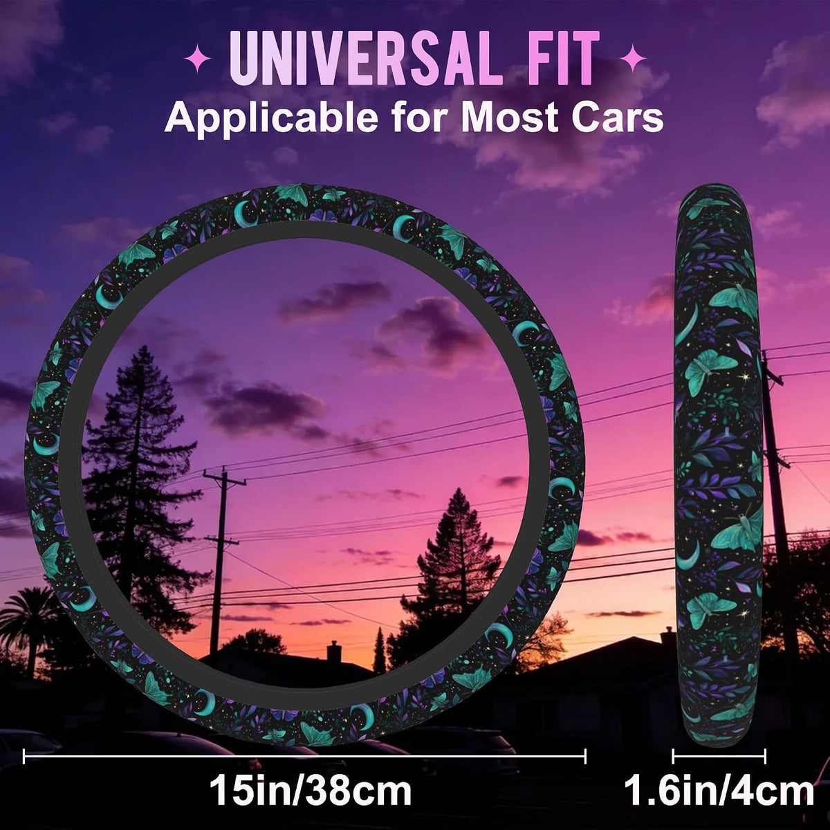 Mystical Luna Moth Steering Wheel Cover for Women Men Neoprene Breathable Moon Botanical Wheel Cover Protector Anti-Slip Car Accessories Universal 15 Inch Fit for Cars Trucks Vehicles