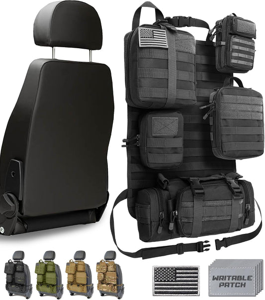 DBTAC Tactical Molle Car Seat Organizer | Vehicle Back Panel with 5X Detachable Pouches, US Flag & Writable Reflective Patch for Cars, Trucks, SUVs, Sedans