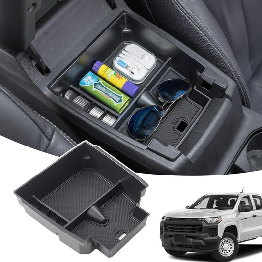 JDMCAR Center Console Organizer Compatible with 2023 2024 2025 2026 Chevy Colorado/GMC Canyon Accessories, Coin Container Armrest Secondary Storage Box with Non-Slip Silicone Mat (Black Trim)