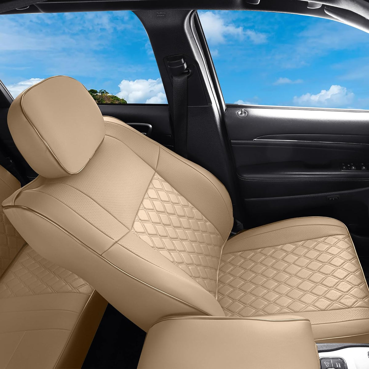 Huidasource Upgrade Grand Cherokee Seat Covers, Full Coverage Waterproof Leather Car Seat Covers, Custom Seat Cushion Protector Fit for Jeep Grand Cherokee 2011-2021 (Full Set/Beige)