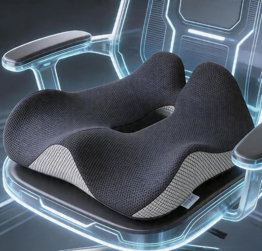18x16 Inch Grey and Black Memory Foam Seat Cushion for Office Chair, Car Seat and Travel, Contoured Chair Pad with Removable Cover, Non-Slip Bottom and Carry Handle