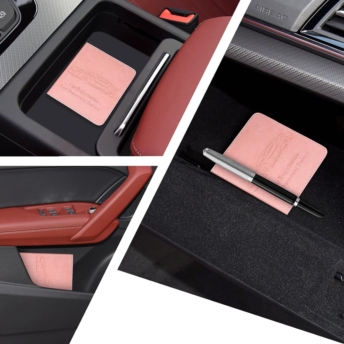 2-Pack Registration and Insurance Card Holder, Vehicle Glove Box Car Organizer with Magnetic Closure, Interior Pink Car Accessories for Documents, Cards, License Storage