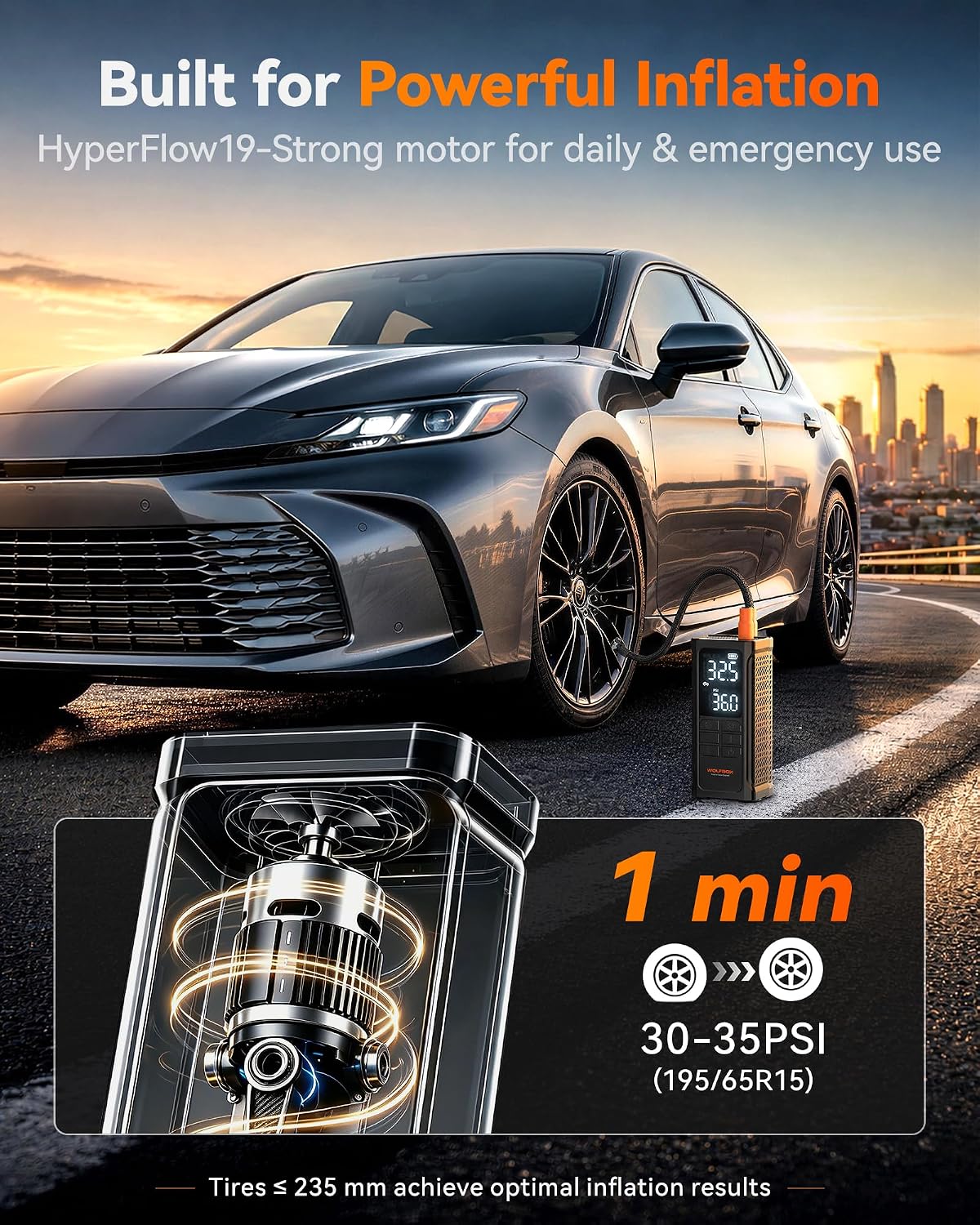 WOLFBOX HyperFlow19 Tire Inflator Portable Air Compressor, Cordless Air Pump for Car Tires with Digital Pressure Gauge, Auto Shutoff & Repair Plugs, Bike Tire pump for Car, Motorcycle, Ball