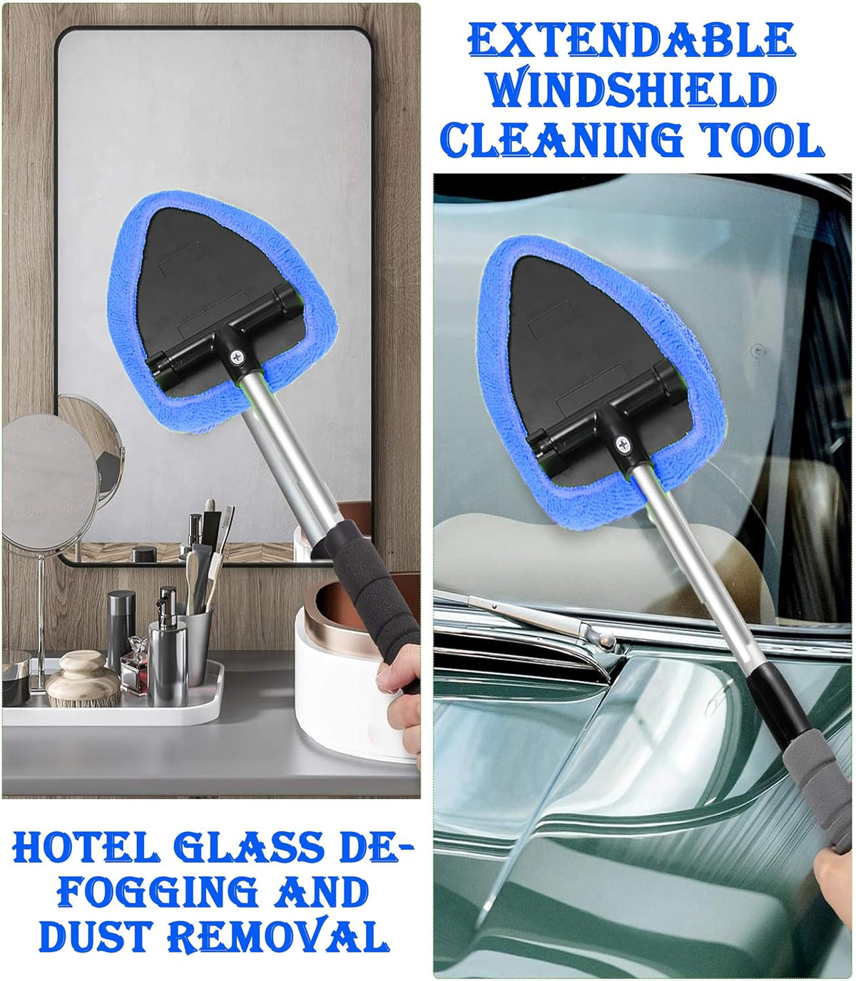 Car Windshield Cleaner Tool with Reusable Pads Extendable Handle(Blue)