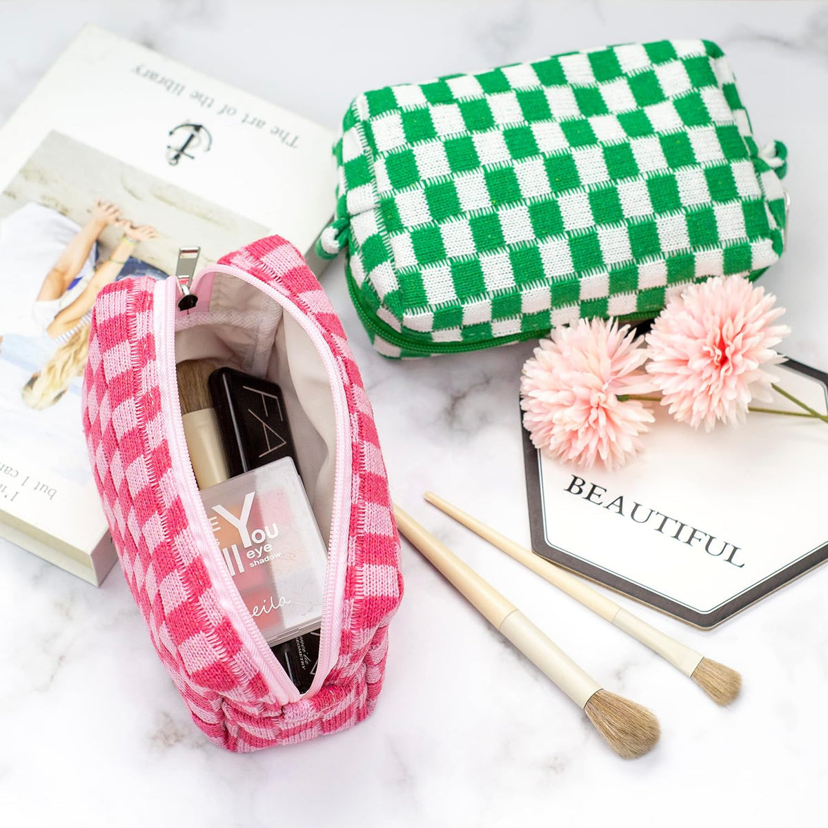 Checkered Makeup Bag for Purse, Small Travel Cosmetic Pouch,Hotpink,6 Pack