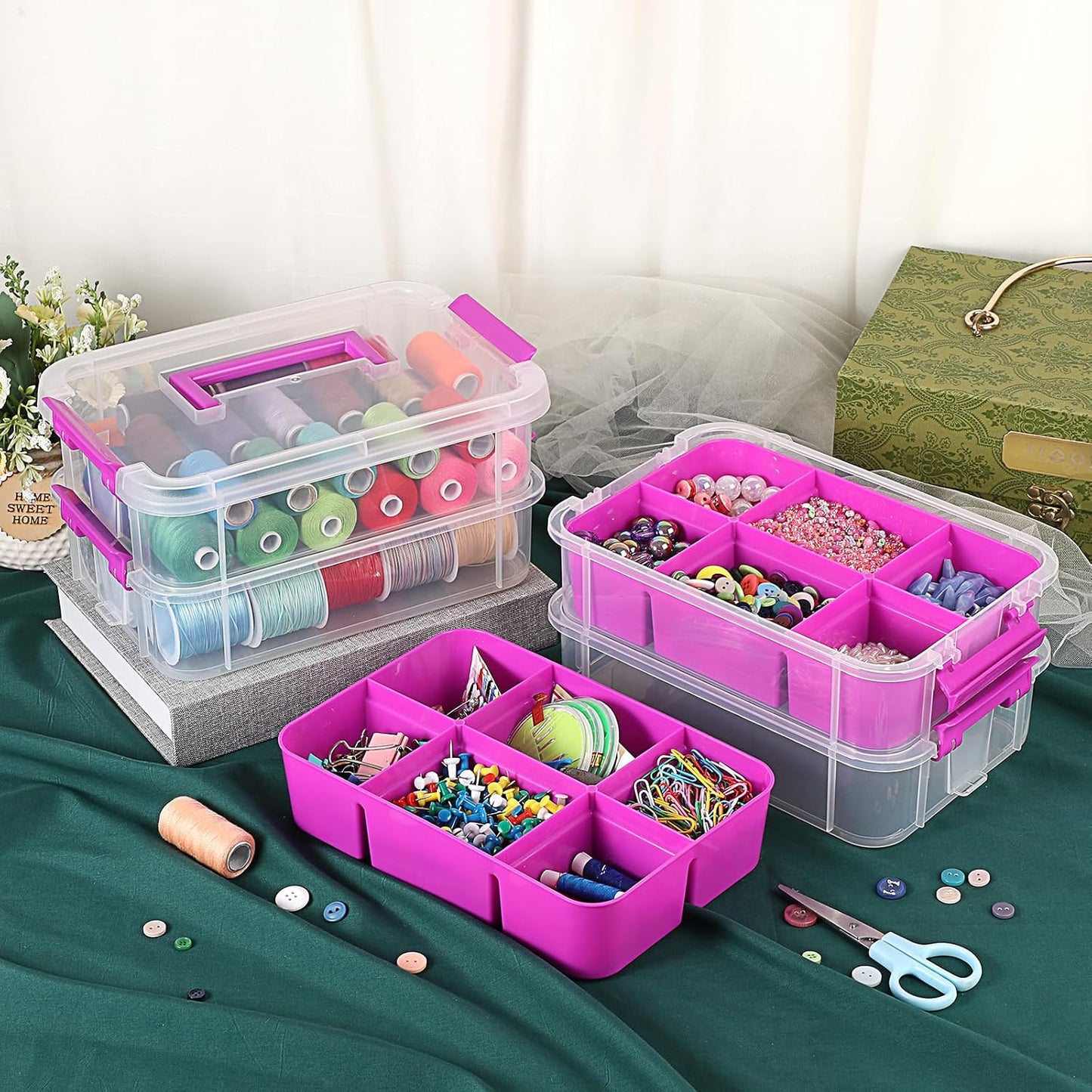 JUXYES 4-Tiers Stack Carry Storage Box Clear Storage Bin Container, Purple | 2 Divided Tray, Transparent Stackable, Handle Lid Latching, School & Office Supplies