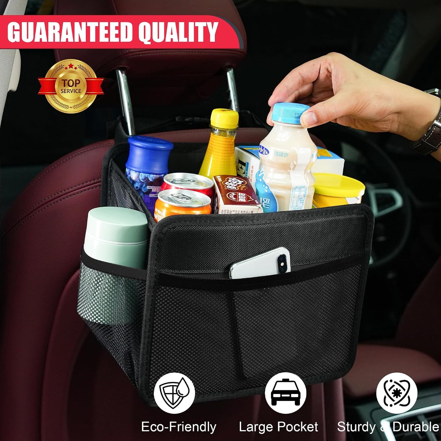 Car Seat Back Organizer Hanging Bag [2025 UPDATED] Foldable Backseat Storage Caddy with 5 Compartments & Adjustable Straps, Fits for Front/Back Headrest, Ultra-Durable - Black