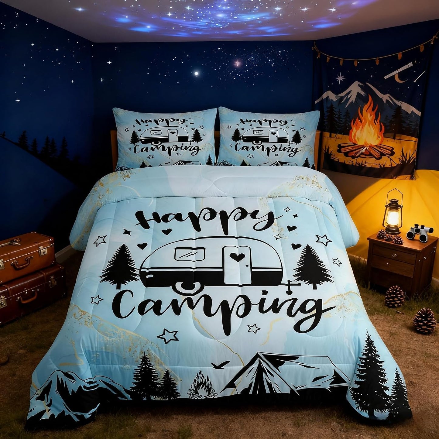 Manfei Happy Camping Camper Kids Comforter Set Twin Size,Star Pine Tree Mountain Bedding Set,Girls Boys Room Decor,Rustic Farmhouse Cabin Quilt Comforter,Blue Country Duvet Insert,1 Pillowcase