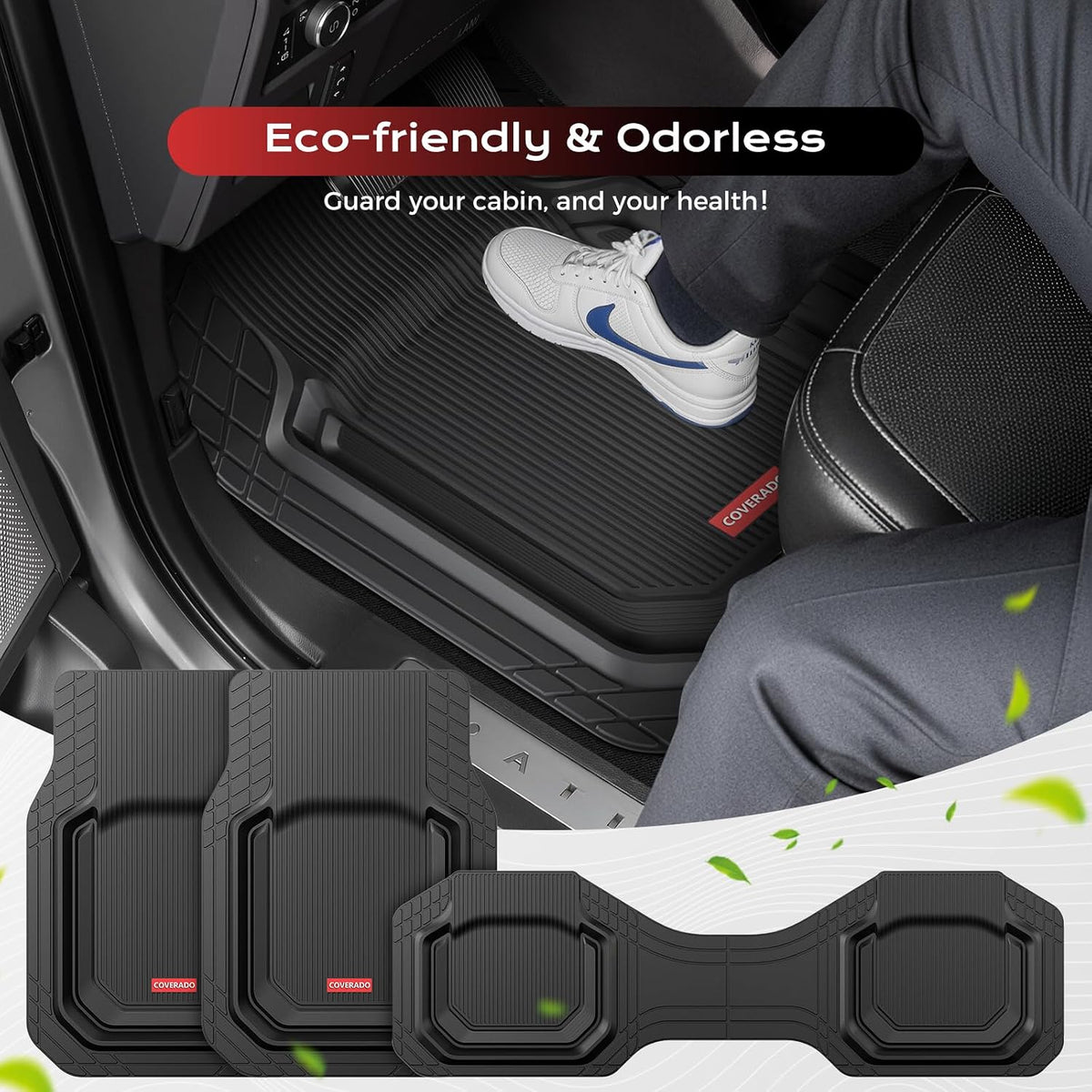 Coverado Heavy Rubber Car Floor Mats, Deep Waterproof All Weather Auto Mats, Trim to Fit for Cars SUVs Trucks Vans, Universal Floor Liner, All Black