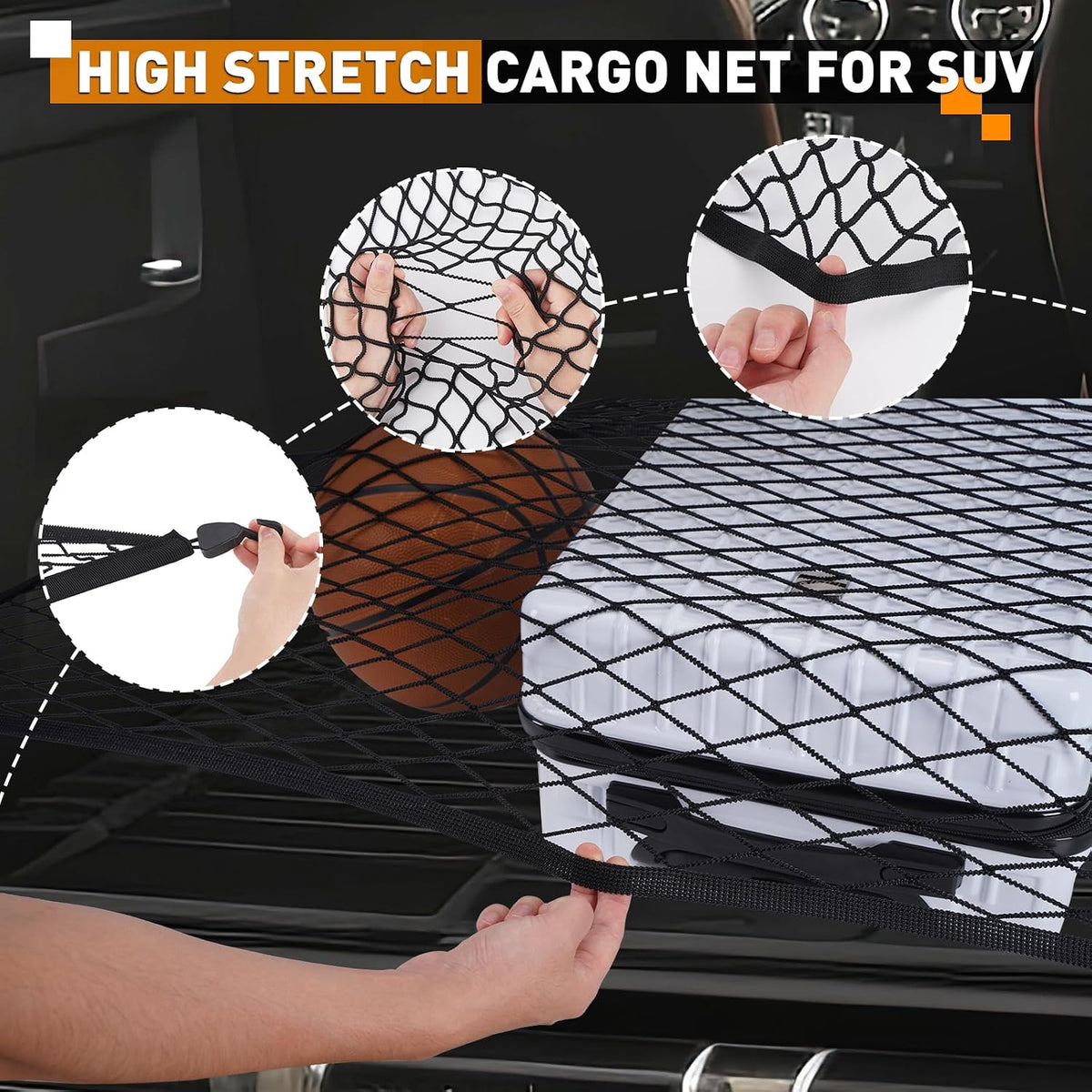 Elastic Cargo Net for SUV,Truck Net Organizer with ABS Hooks,39.3"x31.5" Stretch to 78.7"x63" Truck Bed Net for Car,Truck,Stretch Luggage Holder for Road Trip Camping Moving
