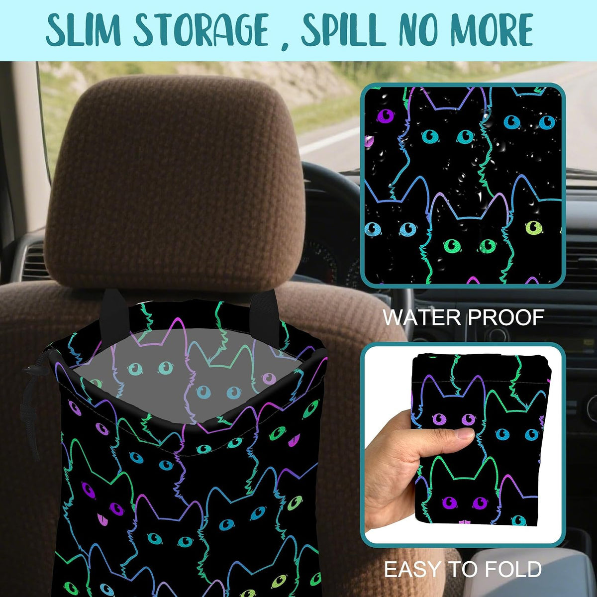 Car Trash Bag Cute Neon Cartoon Cat Leak-Proof Waterproof Car Garbage Bag with Drawstring Foldable Canvas Trash Bin with Adjustable Buckle for Car Accessories, Travelling, Camping