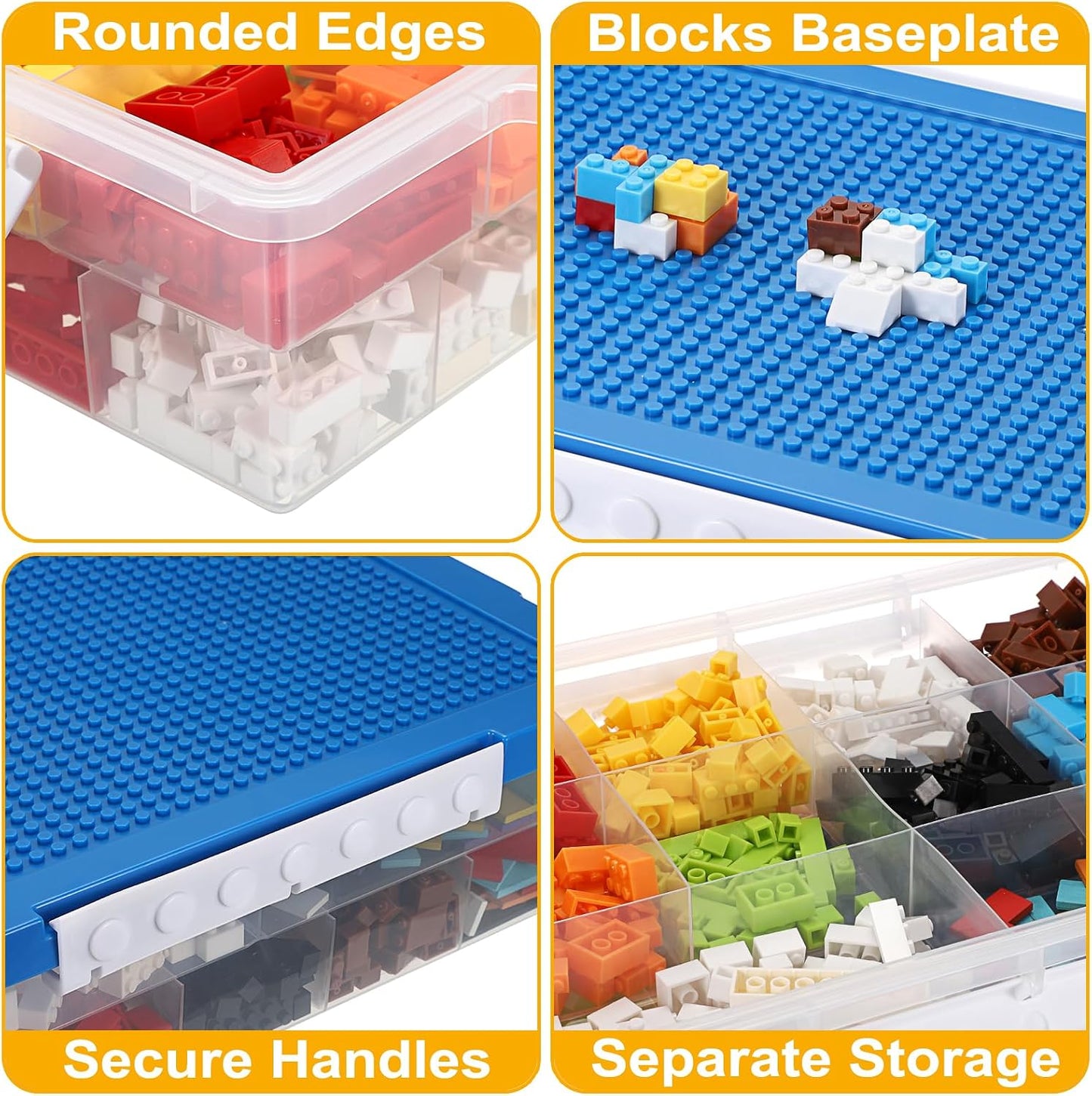 Plastic Organizer Bins for Blocks, Blocks Storage Container with Baseplate Lid Removable Tray, Stackable Double Layer 30 Slots Clear Storage Box Organizer for Bricks, Crafts, Beads(Blue)