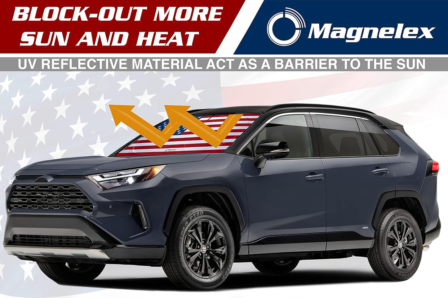 American Flag Windshield Sun Shade, High-Resolution Car Shield with Mirror Cut-Out for Automotive Interior Protection Heat Reduction, Folding Sunshade Storage Bag - Medium, Original