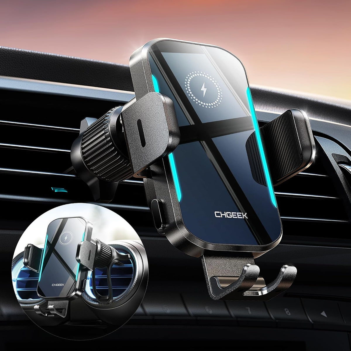 Wireless Car Charger, 15W Fast Charging Car Phone Holder Charger Auto-Clamping Air Vent Car Phone Mount with Blue LED Backlit for iPhone 16 15 14 13 12, Samsung S24 S23 S22, etc