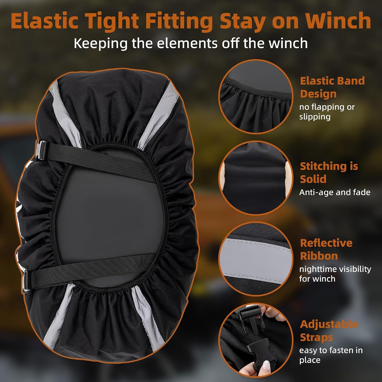 12000 lb Winch Cover, Heavy Duty Waterproof Protective Cover with Adjustable Straps Fasten, Outdoor Windproof Covers for Electric Winches Accessories with Reflective Trim, 25"x10.5"x 8.7"(LxHxW)