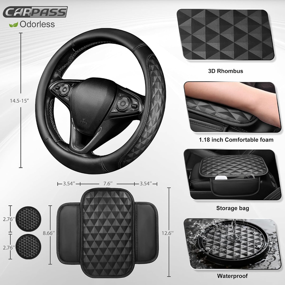 CAR PASS 3D Memory Foam Leather Car Steering Wheel Cover Set, Comfortable Rhombus Leather Center Console Armrest Cushion with Storage Bags Non-Slip 14.5-15in Car Interior Covers Sets, 4 PCS All Black