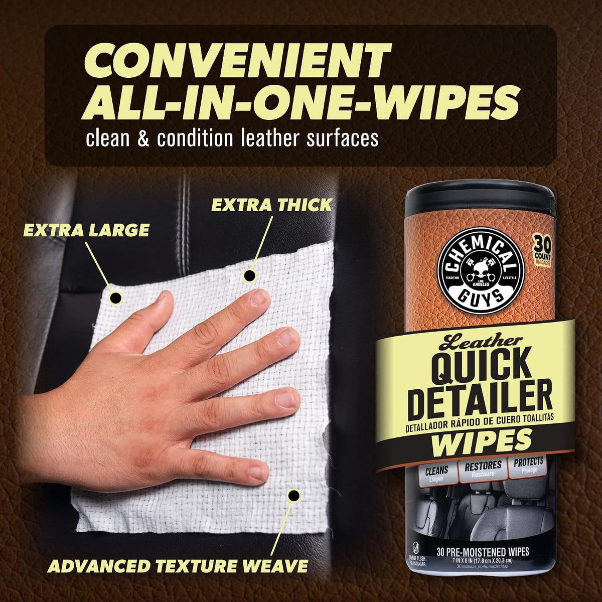 Chemical Guys, Leather Quick Detailer Conditioning Wipes, 30 Count, 2 Pack