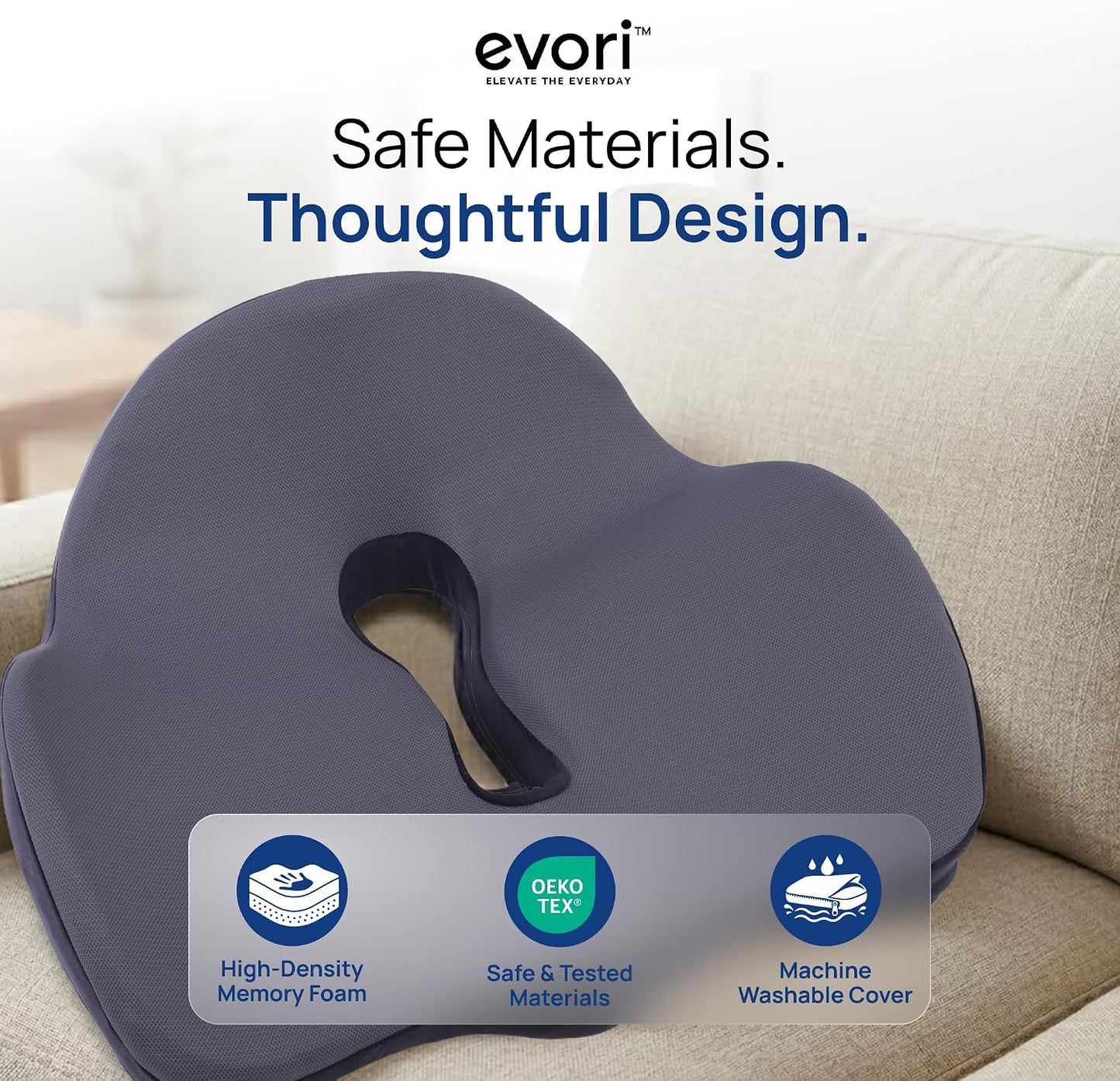 evori Comfort Cushion – Memory Foam Cushion for Office Chair, Car & Computer Chair, Ergonomic Support for Long Sitting & Daily Use