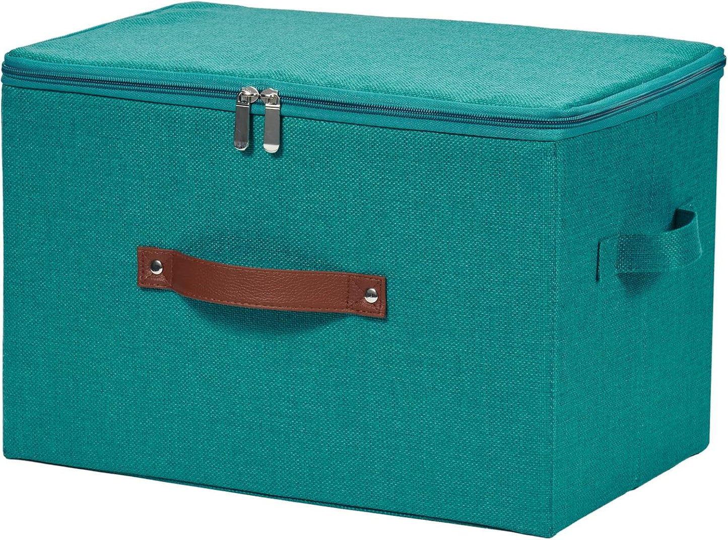 Storage Bins with Zipper Lid Cotton Linen Fabric Lidded Storage Baskets Boxes Foldable Washable Closet Shelf Clothes Organizer Container with PU Leather Handles (Teal Blue, Large)