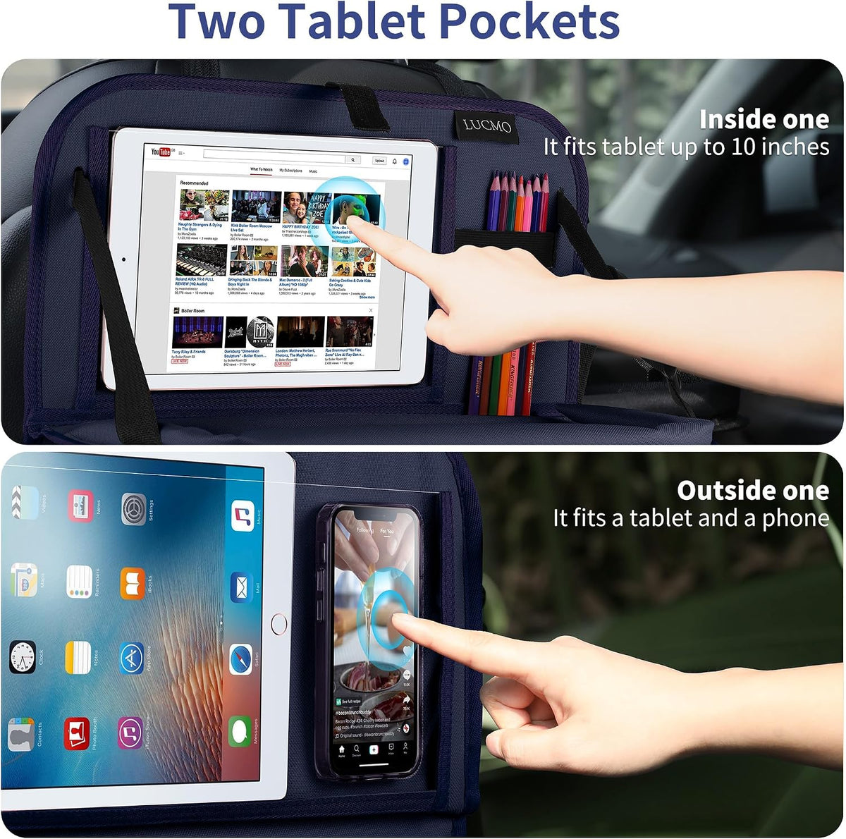 LUCMO Car Backseat Organizer with Foldable Tablet Holder, Dark Blue