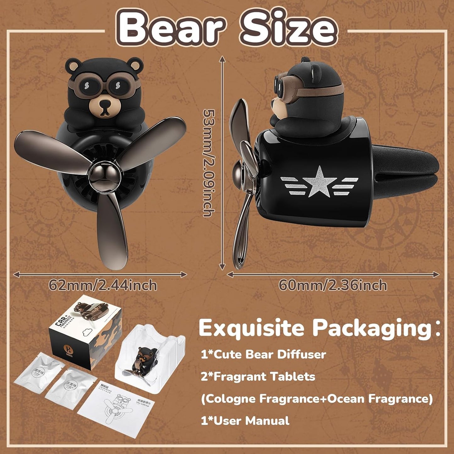 Cartoon Bear Car Air Fresheners 2 Pack Pilot Black Automotive Air Outlet Fan Cool Cute Air Freshener for Car Creative Car Perfume Decoration for Vehicle Vent Scent Clip Diffuser Ornament Accessories