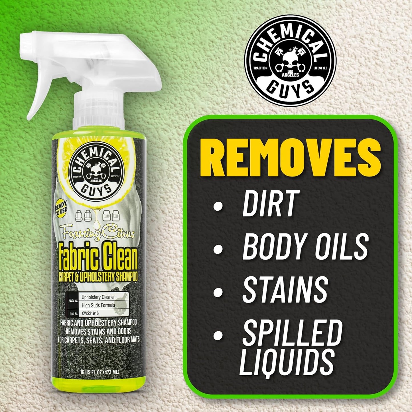 Chemical Guys Sprayable Citrus Fabric Clean Carpet & Upholstery Cleaner (Car Carpets, Seats & Floor Mats), 16 fl oz, Citrus Scent + Induro 7 Heavy Duty Nifty Interior Brush - HOL463