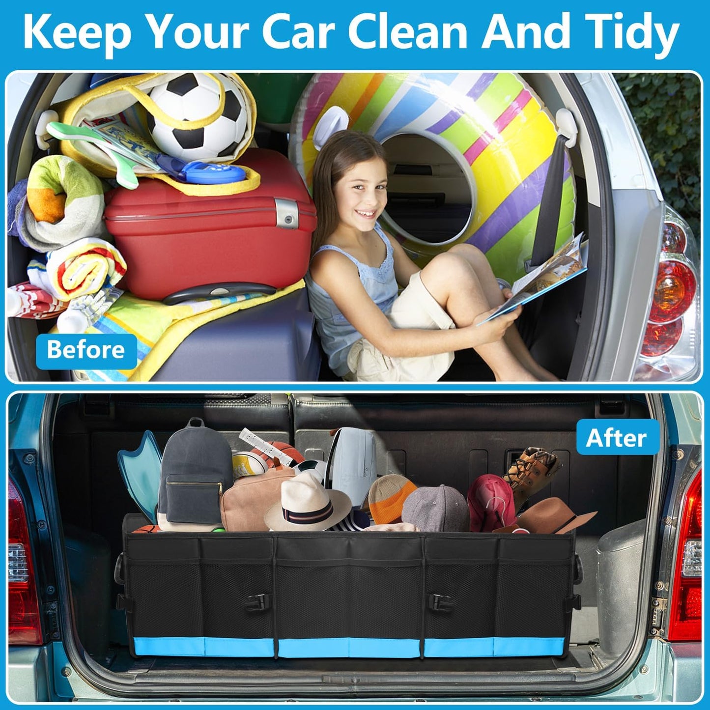 AOPHY Foldable Trunk Organizer for Car SUV Truck 95L | Collapsible storage bin with straps. Waterproof and sturdy. Fits sedans too. Folds flat when not in use. Great for drivers.