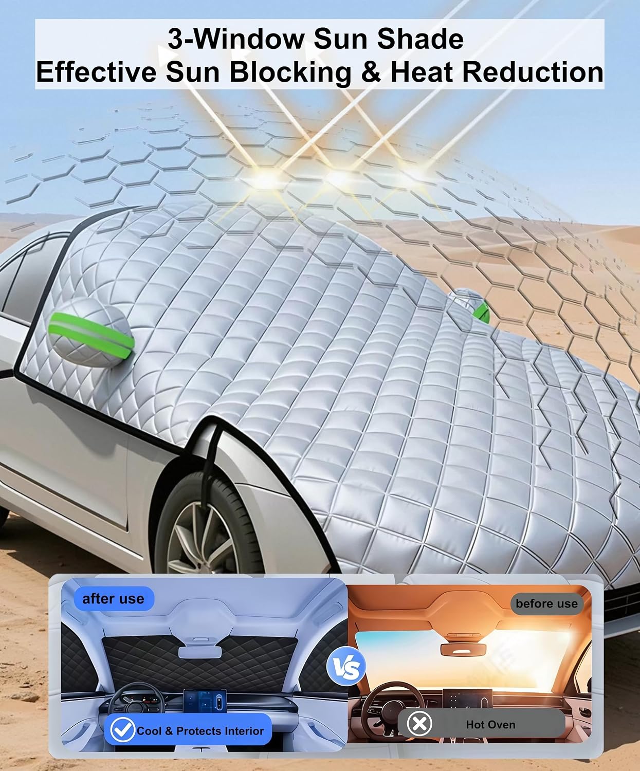 Padded Windshield Sun Shade Hood Cover Universal Fit Sedan SUV | Waterproof Windshield, Driver Side Window and Engine Hood Shield, All Weather Vehicle Guard Against UV Rays, Snow, Ice, Hail