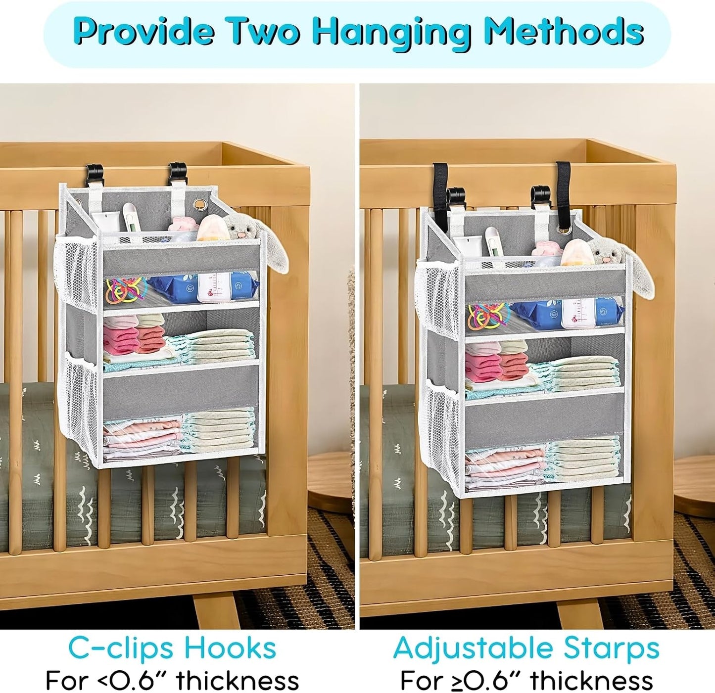 Hanging Diaper Organizer, 2 Tier Hanging Diaper Caddy, Holds 90+ Diapers | Durable Diaper Organizer for Changing Table,Cribs,Car,Playard or Wall & Nursery Organization, 4 Mesh Pockets, Won't Deform