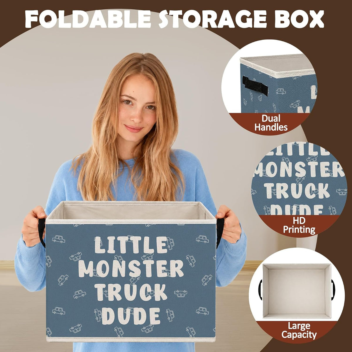 Blue Car Boy Nursery Storage Bins with Handles, Little Truck Dude Playroom Foldable Collapsible Storage Basket Organizer for Kids Boys Nursery Room Bedroom Bathroom Books Clothes