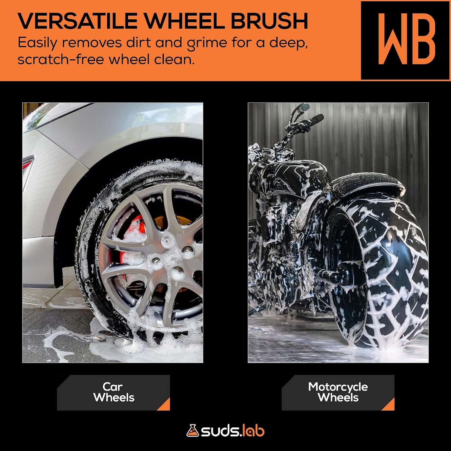 Suds Lab WB Premium Microfiber Cleaning Wheel Brush for All Vehicle Types – 18.1" Ultra-Soft & Scratch-Free Reusable Rim, Wheel, and Tire Brush with Ergonomic Handle