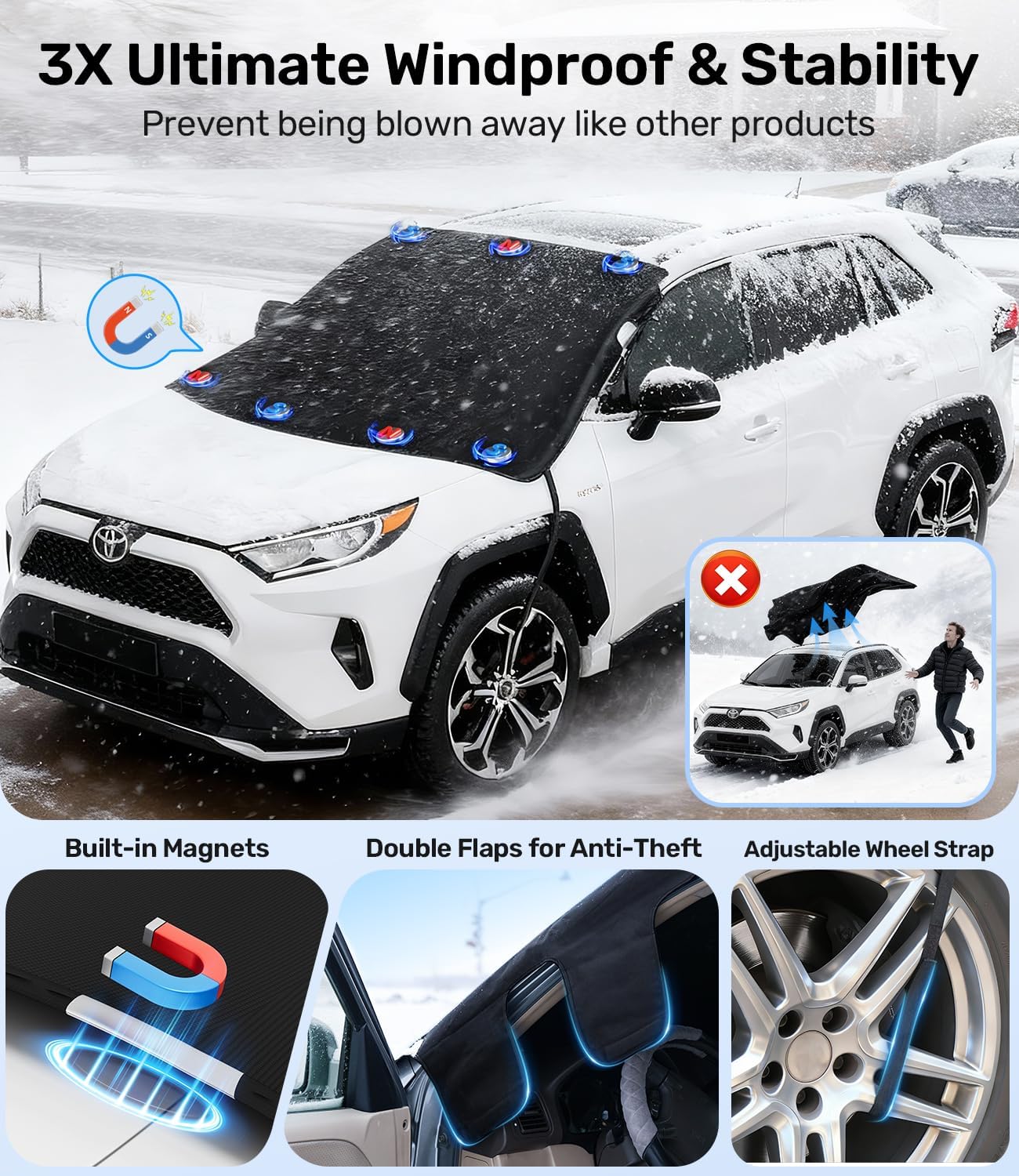 Zanch Upgrade Windshield Cover for Ice & Snow [Fast Install & Removal] 600D Oxford Fabric Against Magnetic Fit Snow, Ice, Frost, Winter Accessories - Fit for Sedan,Small to Mid-Size SUVs - (69''x48'')