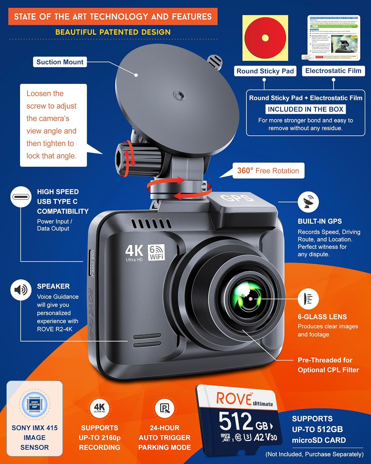 ROVE R2-4K Dash Cam, 4K UHD 2160P Car Camera, 8MP Sensor, WiFi 6 and GPS