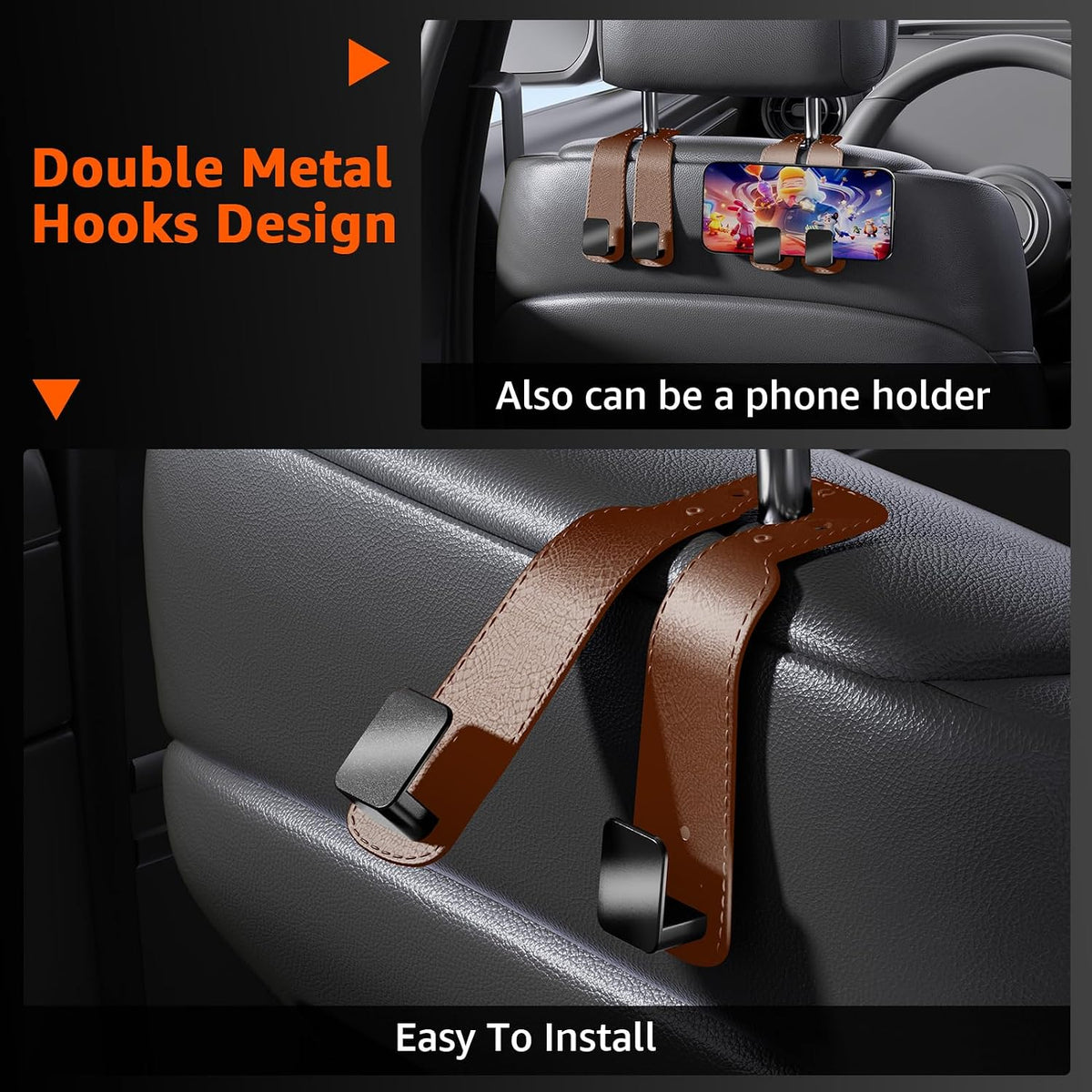 Headrest Hooks For Car, Multifunctional Purse Hook Leather Seat Back Storage Hook Double Metal Hooks Car-Hangers for Seat(2 Pack, Brown)