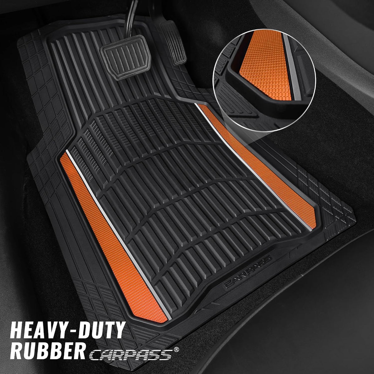CAR PASS Heavy Duty Rubber Car Floor Mats, Deep Waterproof Car Floor Mats All Weather, Aluminum Film Floor Mats for Cars Non-Slip Universal Trim Fit for SUVs Trucks Sedans Vans, Black Orange Metallic