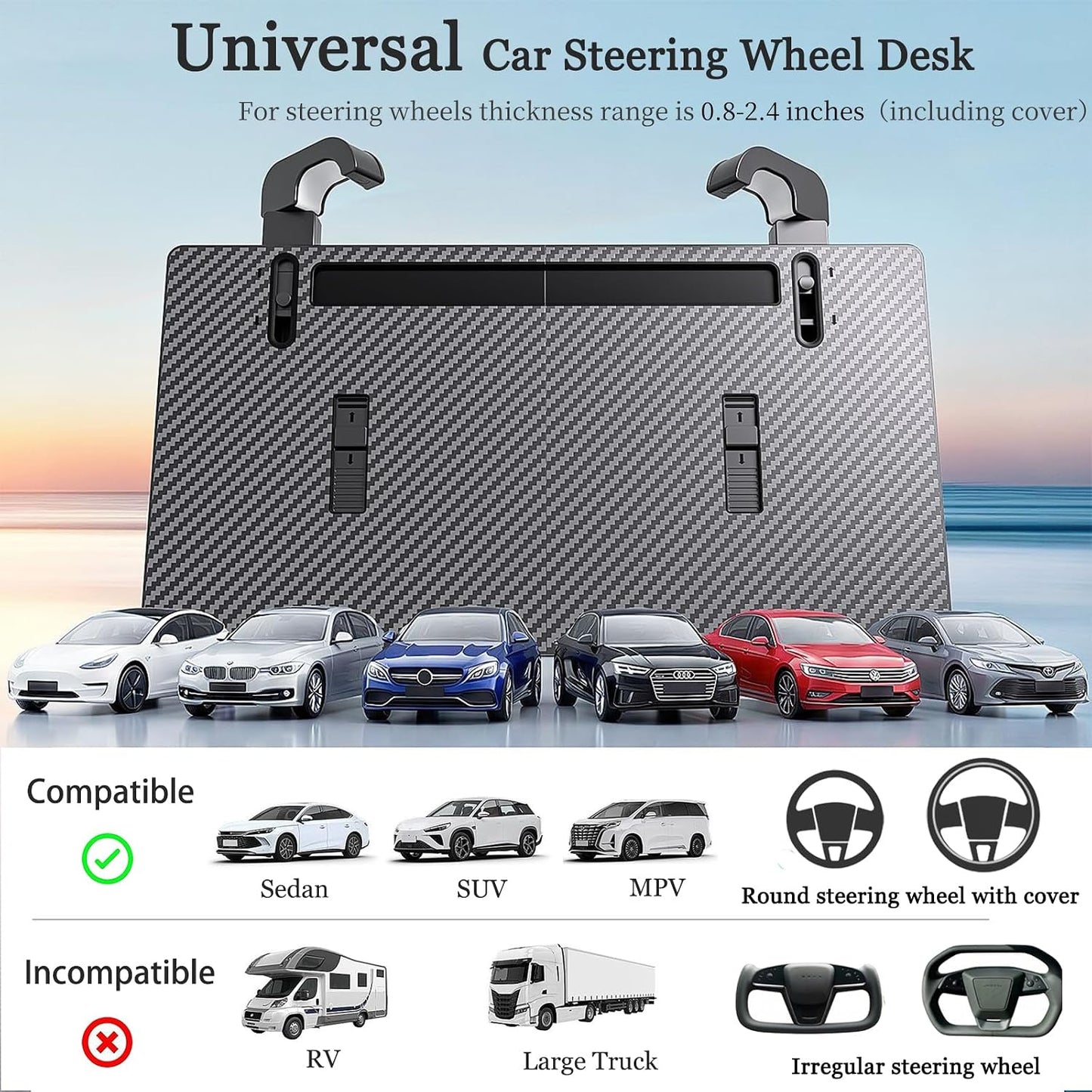 2-in-1 Car Steering Wheel Tray Desk & Car Seat Gap Filler Organizer, Upgraded Foldable Adjustable Car Table Compatible with Steering Wheel Cover| for Laptop, Eating Food, Writing (Portable)