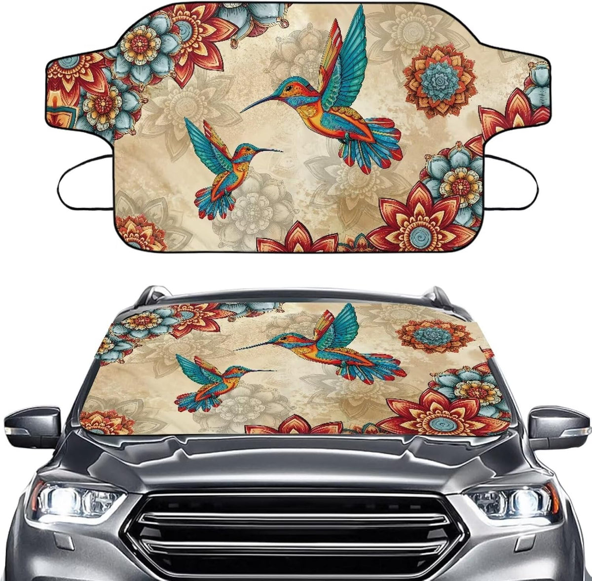Boho Mandala Hummingbird Print Windshield Snow Cover for Cars, Auto Windscreen Covers Car Winter Ice Sunshade Protector Includes Anti-Theft Straps Fits Most Trucks, Vans, SUVs